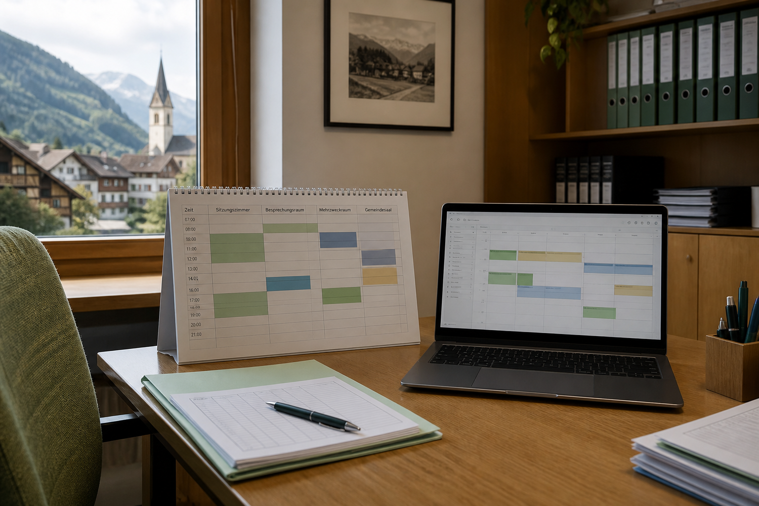 Schreibtisch in einer Gemeindeverwaltung mit Raumkalender und Laptop